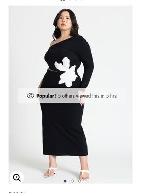 Black One-Shoulder Midi Dress with White Floral Appliqué